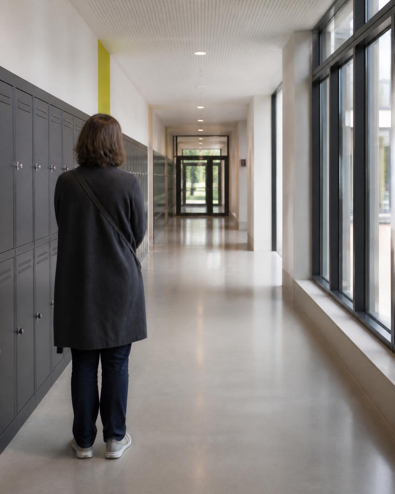 Begleitperson in ruhiger Distanz in einem Schulflur